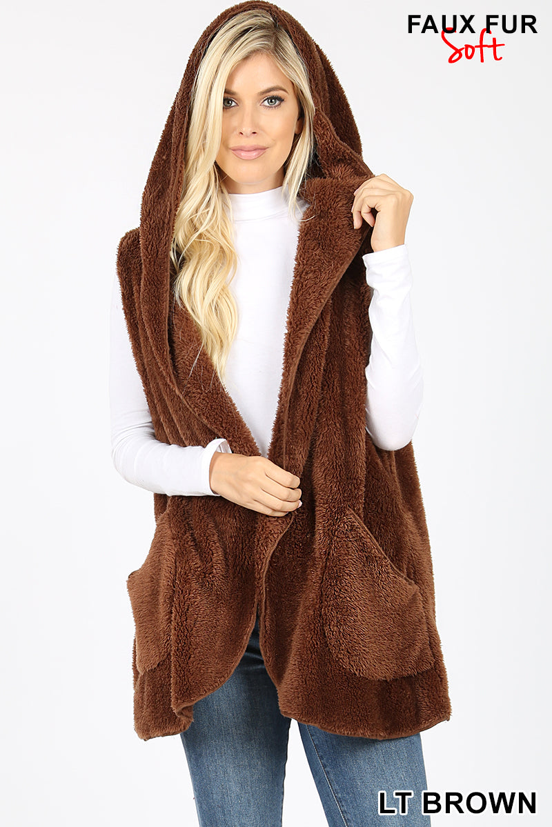 "Aspen" Hooded Faux Fur Vest (Brown)-Lola Monroe Boutique