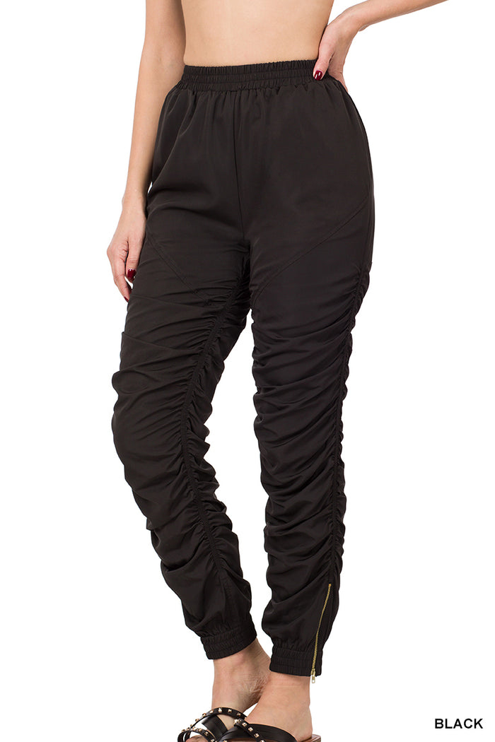 Ruched Elastic Waist Pants with Ankle Zipper Detail