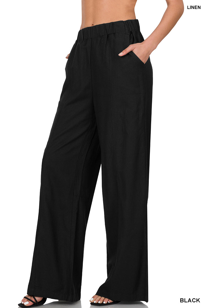 Linen Wide Leg Elastic Waist Pants with Pockets (Black and Beige)
