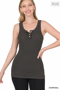 Ribbed Tank Top with Faux Front Buttons (Multiple Colors)