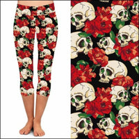 Red Flower Skull Print Leggings & Capris-Lola Monroe Boutique