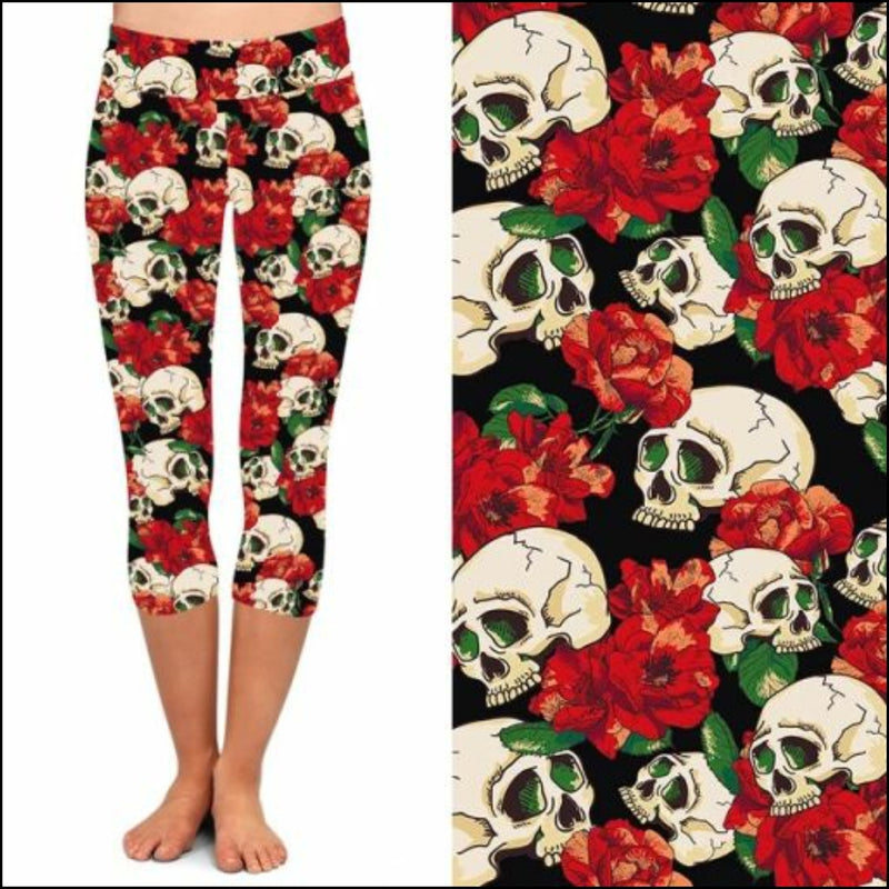 Red Flower Skull Print Leggings & Capris-Lola Monroe Boutique