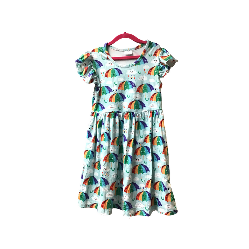 Kids "Raining Rainbows" Ruffled Cap Sleeve Dress-Lola Monroe Boutique
