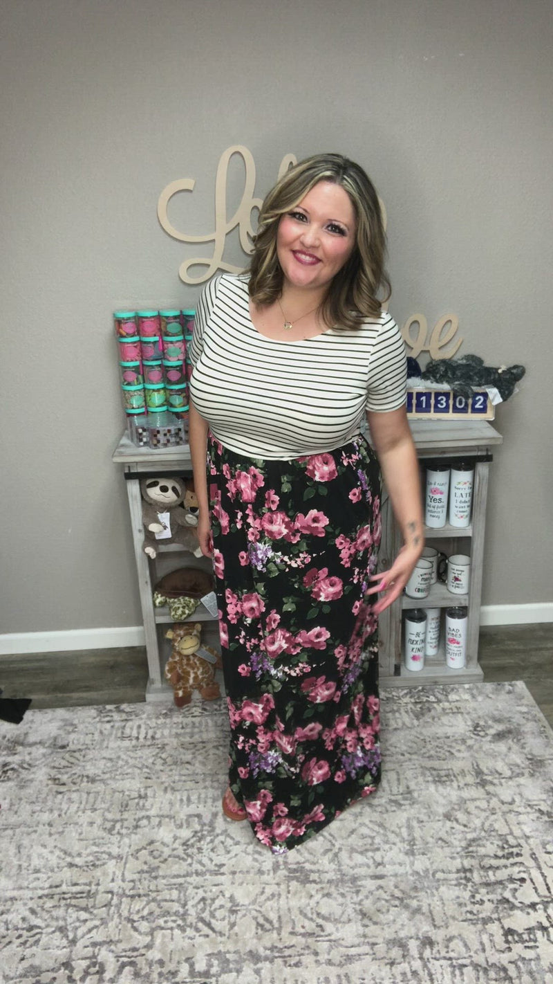 Cap sleeve Floral & Stripe Maxi Dress