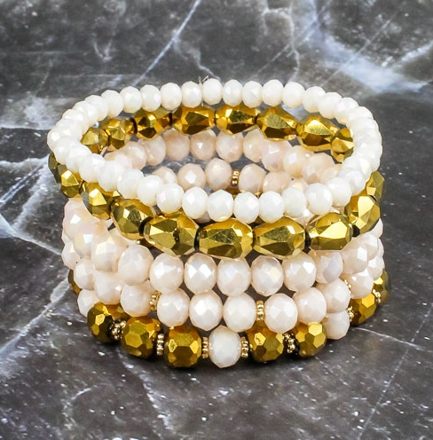 Cream and Gold Crystal Beaded Stack Bracelets