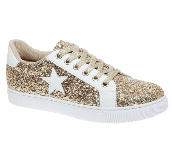 Gold & White Star Sparkle Lace Up Low Top Tennis Shoe