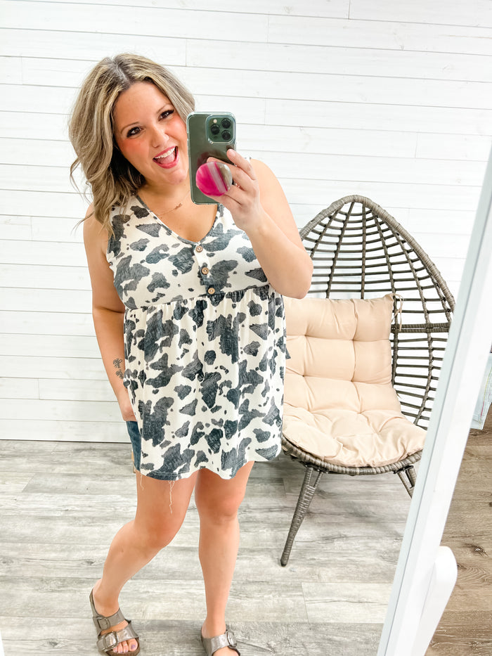 "Atwood" Animal Print Babydoll Tank with Faux Button Detail