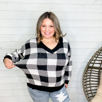 Long Sleeve Checkered V Neck Sweater (Black & White)