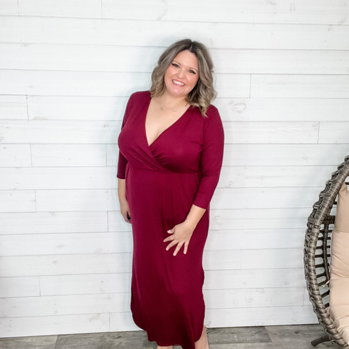 Solid 3/4 Sleeve Wrap Dress with Pockets (Burgundy)