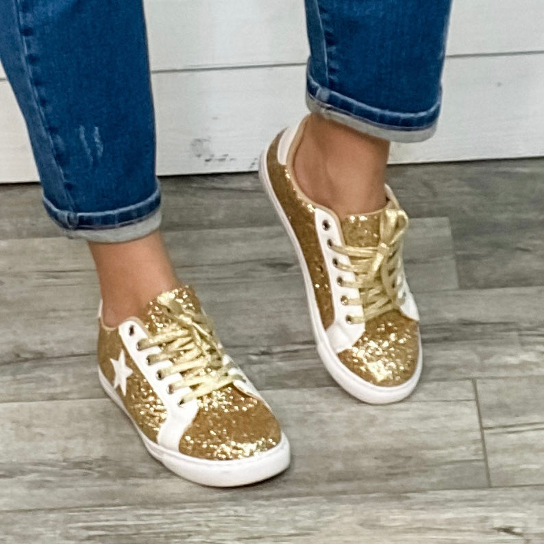 Gold & White Star Sparkle Lace Up Low Top Tennis Shoe