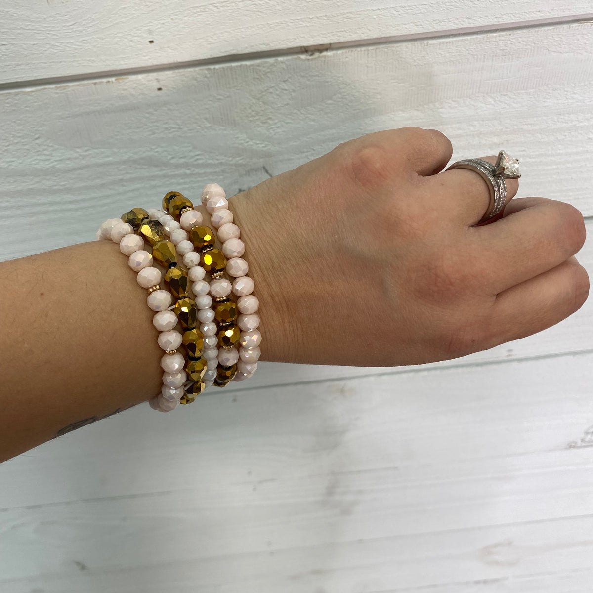 Cream and Gold Crystal Beaded Stack Bracelets