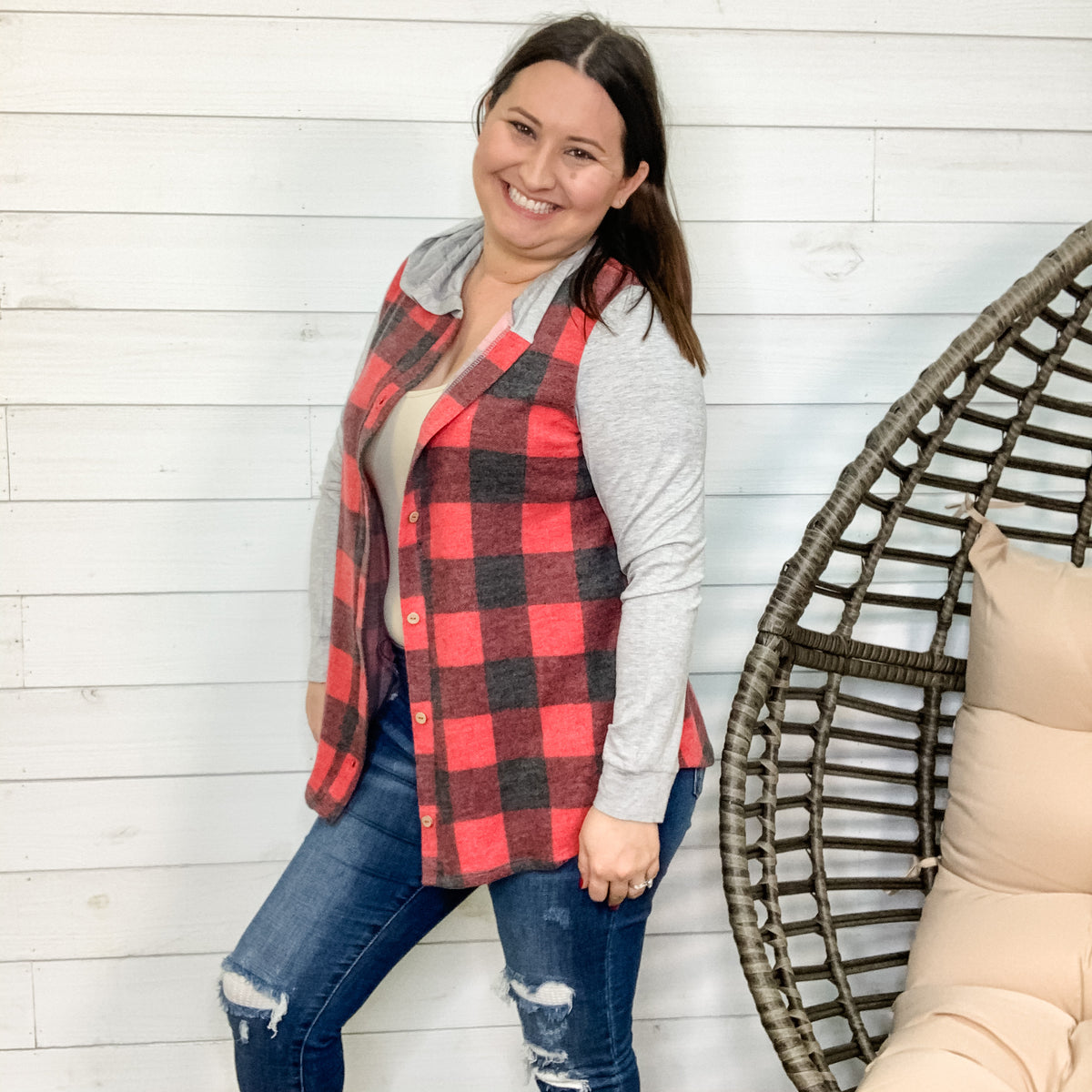 "Kick Off Your Boots" Button Up Buffalo Plaid Hoodie