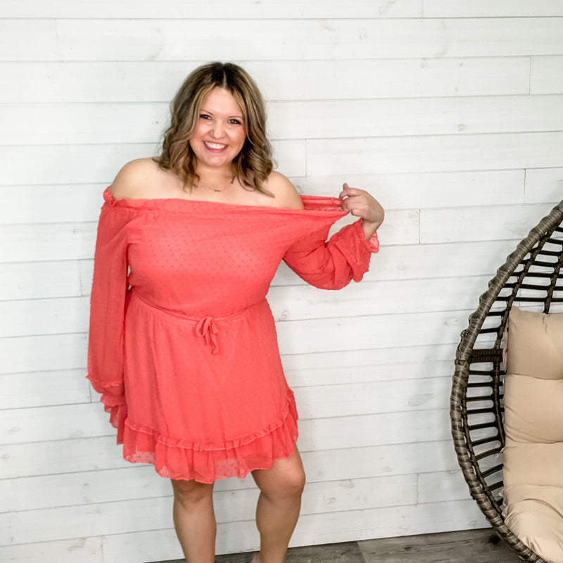 "Romantic" Long Sleeve Off the Shoulder Ruffle Dress (Coral)