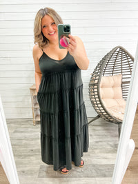 "Beach Vibe" Adjustable Strap Maxi Tiered Dress with Pockets (Black)