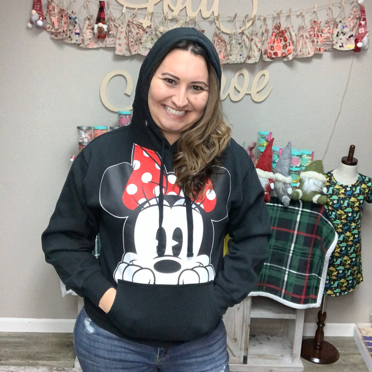 Disney Minnie Mouse Peeking Pullover Hoodie-Lola Monroe Boutique