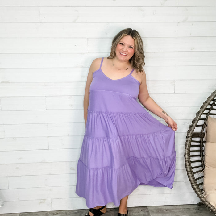"Beach Vibe" Adjustable Strap Maxi Tiered Dress with Pockets (Lavender)