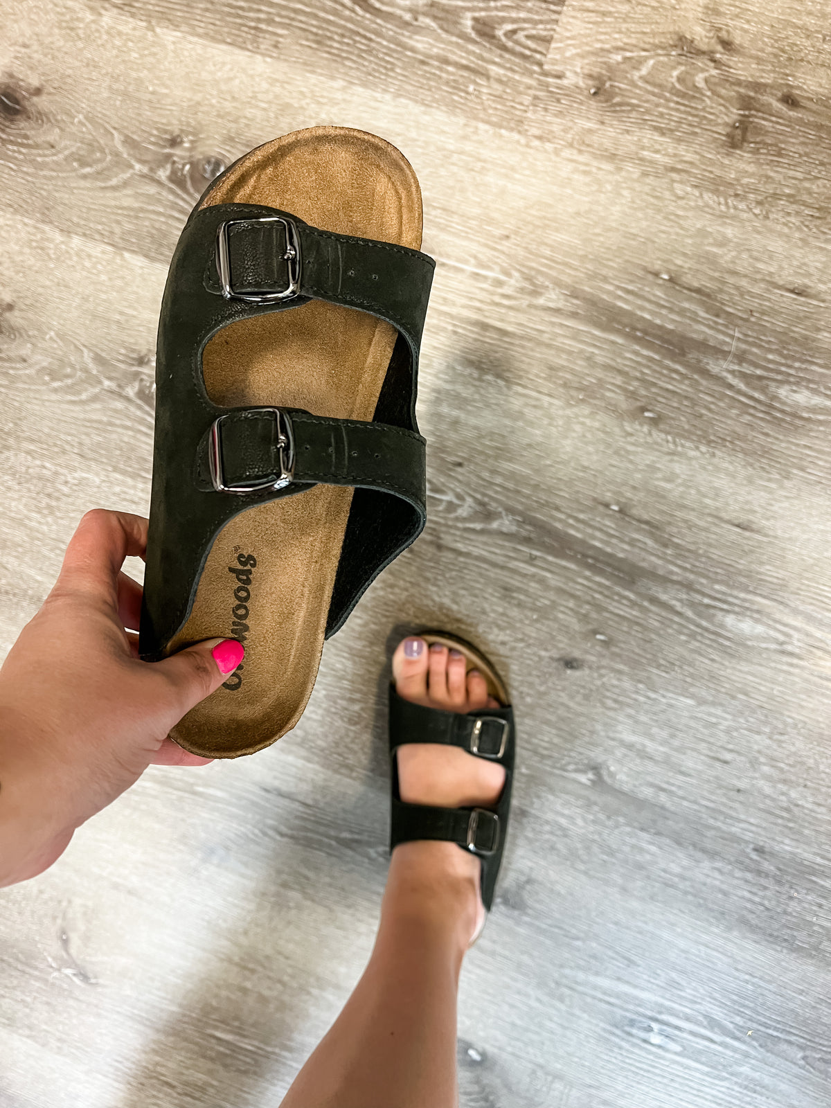 Faux Suede Double Buckle Inspired Sandals (Black)