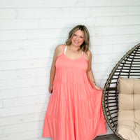 "Beach Vibe" Adjustable Strap Maxi Tiered Dress with Pockets (Coral Pink)