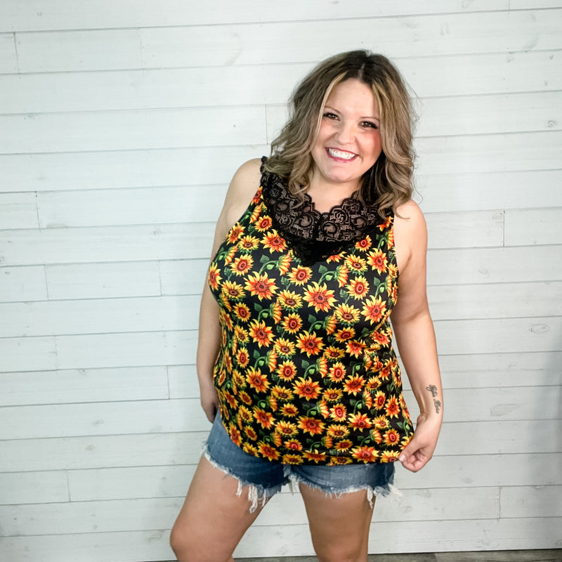 "I Am Happy" Sunflower Tank with Lace Detail