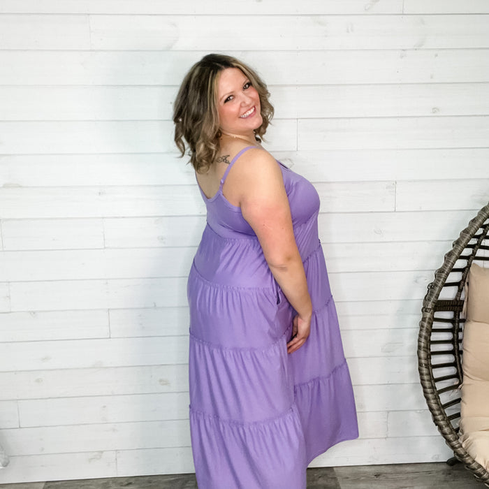 "Beach Vibe" Adjustable Strap Maxi Tiered Dress with Pockets (Lavender)