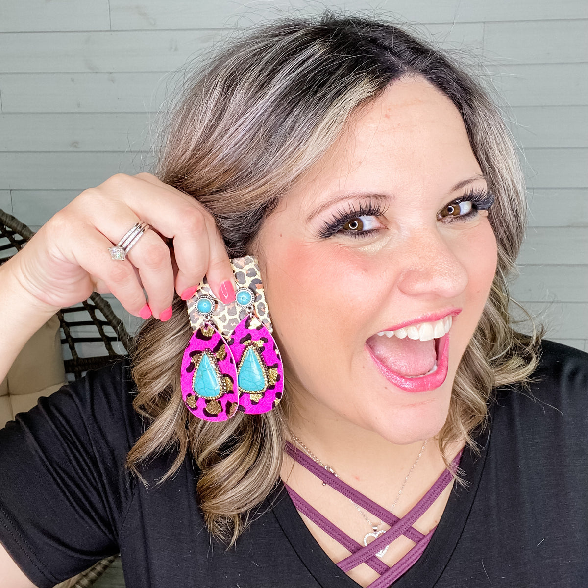 Hot Pink Leopard and Turquoise Earrings