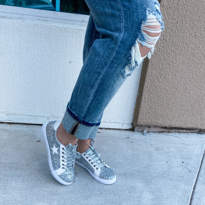 Silver & White Star Sparkle Lace Up Low Top Tennis Shoe