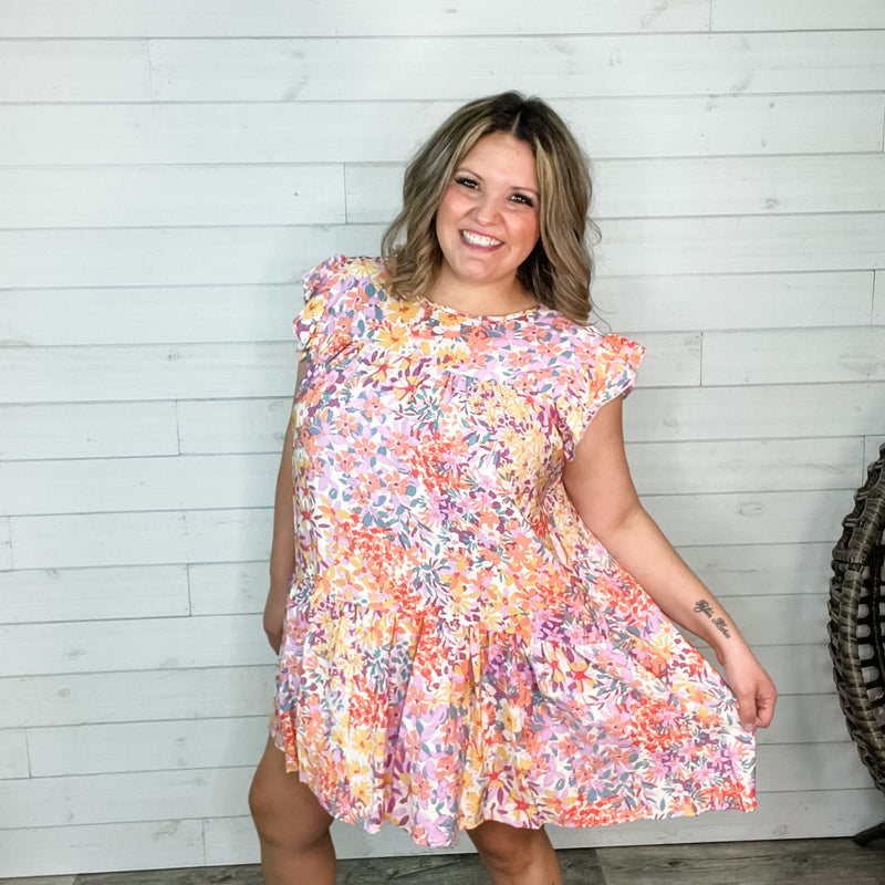 "Right At Home" Floral Ruffle Cap Sleeve Tunic/Dress with Pockets