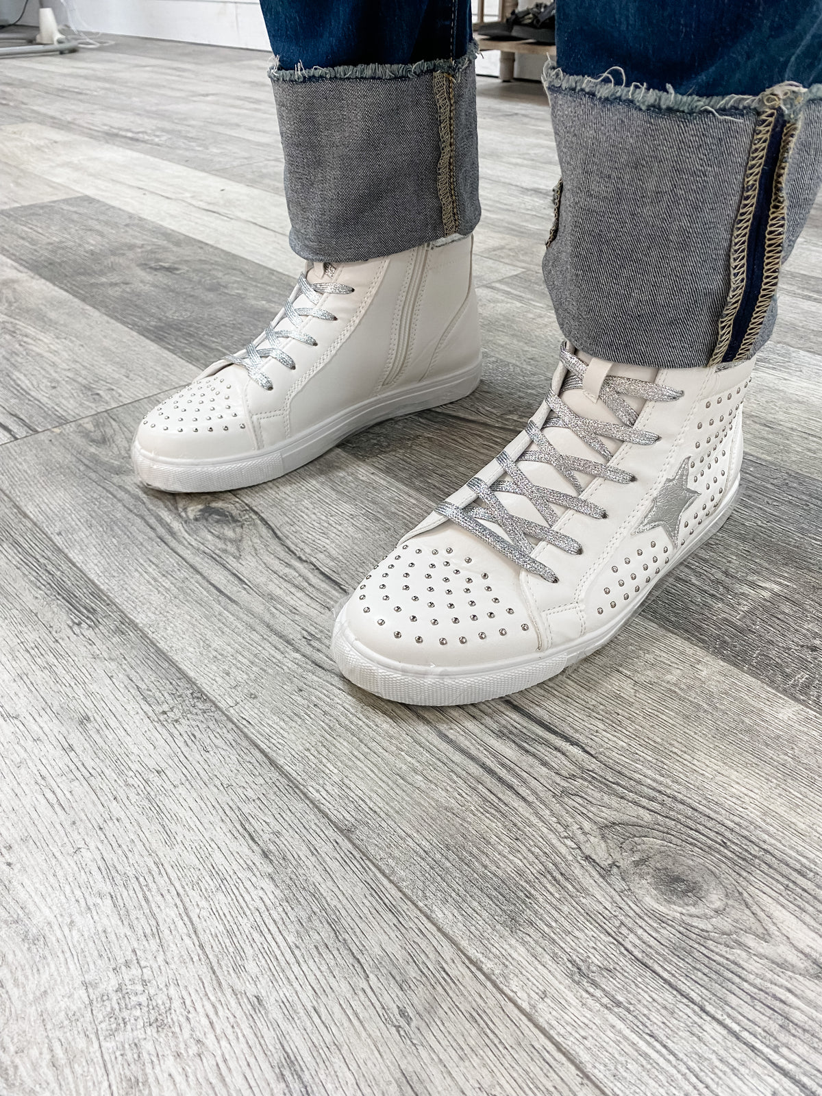 "Star Studded" High Top Side Zip Sneaker (White and Silver)
