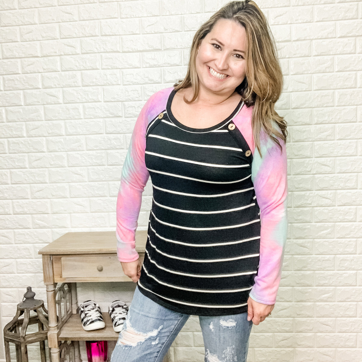 "Felicity" Striped Tee with Button Accents-Lola Monroe Boutique