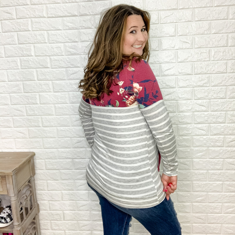 "Stacy" Long Sleeve Floral & Stripe Top with Front Pocket-Lola Monroe Boutique