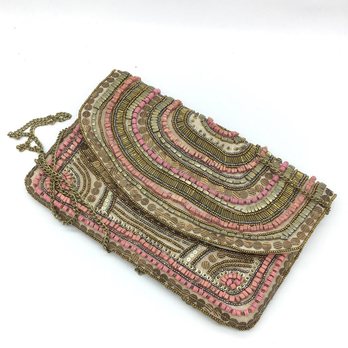Beaded Clutch with Metal Chain Shoulder Strap