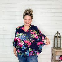 "Dynasty" Floral Split Neck 3/4 Sleeve with Ruffle Detail