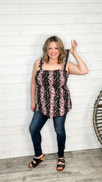 "Taffy" Smocked Bust Ruffle Strap Tank Top (Black Floral)