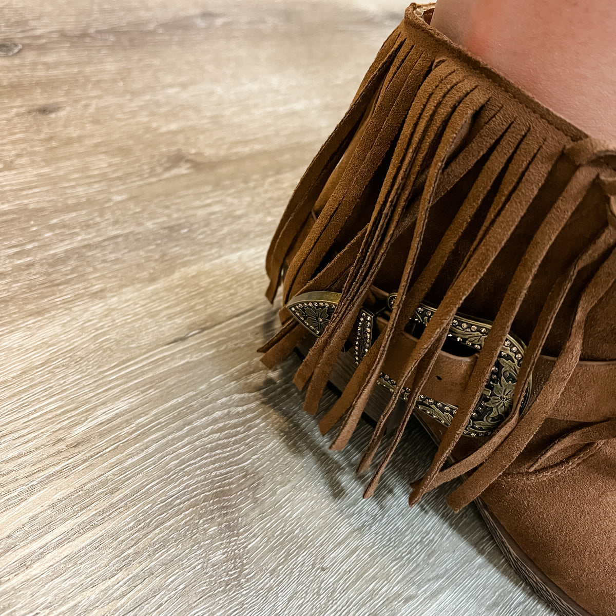 "Billie" Faux Suede Fringe and Buckle Bootie By Very G (Tan)
