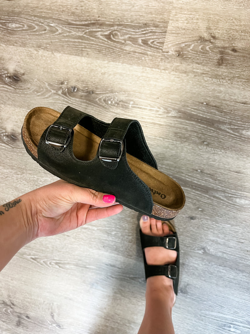 Faux Suede Double Buckle Inspired Sandals (Black)