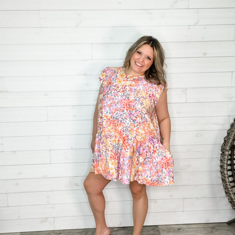 "Right At Home" Floral Ruffle Cap Sleeve Tunic/Dress with Pockets