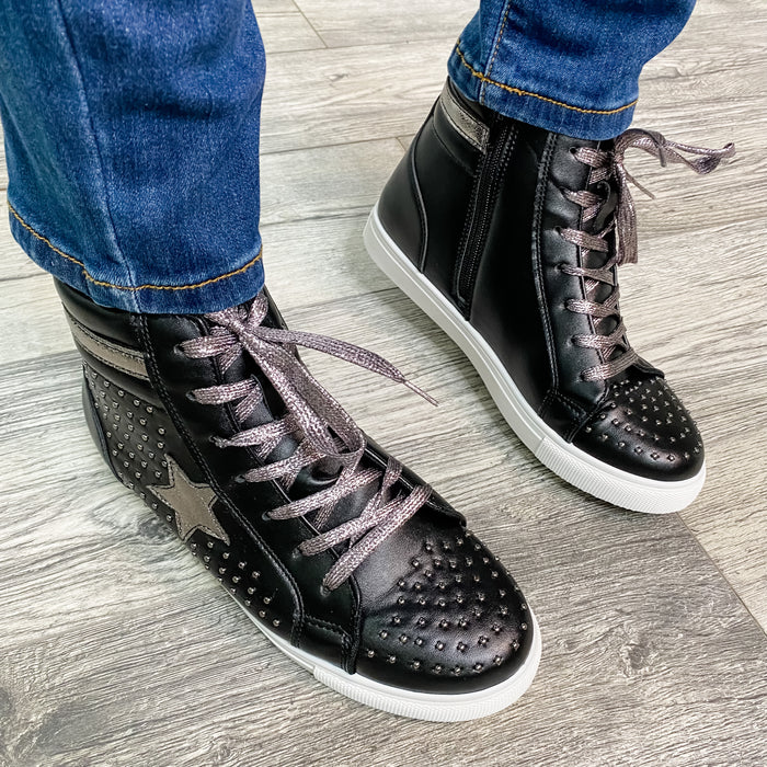 "Star Studded" High Top Side Zip Sneaker (Black and Pewter)