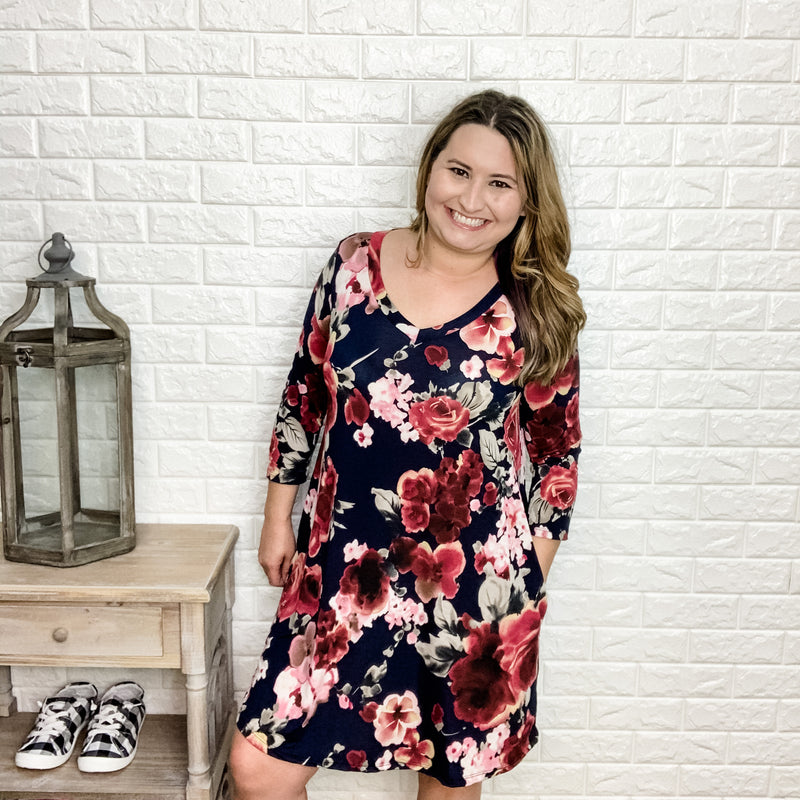 "Isabelle" Floral Tunic/Dress 3/4 Sleeve with Pockets (Navy)-Lola Monroe Boutique