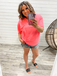 Oversized Burnout Raw Edge Tee (Neon Coral PInk)