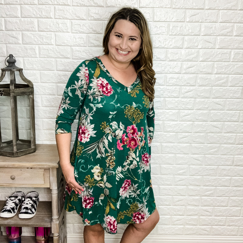 "Isabelle" Floral Tunic/Dress 3/4 Sleeve with Pockets (Green)-Lola Monroe Boutique