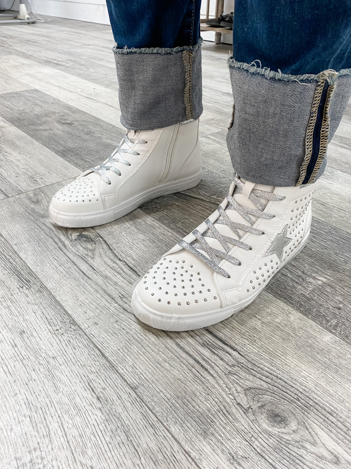 "Star Studded" High Top Side Zip Sneaker (White and Silver)