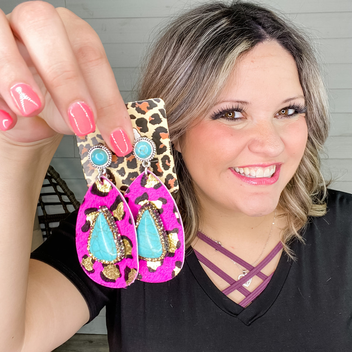 Hot Pink Leopard and Turquoise Earrings