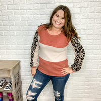 "Tricia" Color Block with Animal Accent Long Sleeve (Rust)-Lola Monroe Boutique