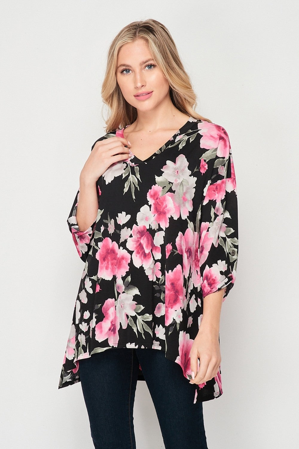 "Going with the Flow" Oversized Floral 3/4 Sleeve-Lola Monroe Boutique
