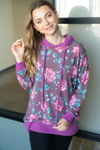 "Naomi" Floral Body Hoodie with Waffle Texture Accents-Lola Monroe Boutique